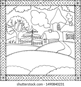 The winter landscape is drawn in old Russian style. Hand drawn vector doodle cat. Design Zentangle. Sketch for adult antistress coloring page
