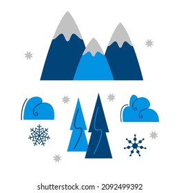 Winter landscape elements. Mountains or hills, snowy peaks, drifts, trees, snowflakes. Design element, site, game. Simple vector illustration in flat style.