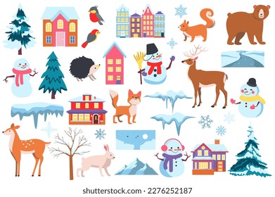 Winter landscape elements set concept in the flat cartoon design. Images of houses, landscapes, animals and other elements symbolizing winter. Vector illustration.