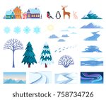 Winter landscape elements set with houses trees and snow isolated flat vector illustration