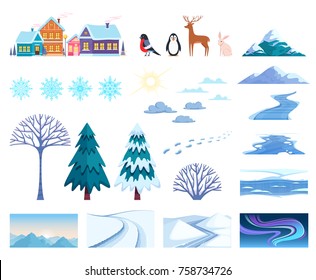 Winter landscape elements set with houses trees and snow isolated flat vector illustration