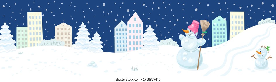 Winter landscape.  Empty city park with snow, houses and snowmans. Banner in cartoon style. On a dark blue background. Vector flat illustration