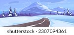 A winter landscape of an empty highway in a snowy wonderland. Background of beautiful snow covered mountains and pine forest. Christmas season scenery in nature. Cartoon vector illustration.