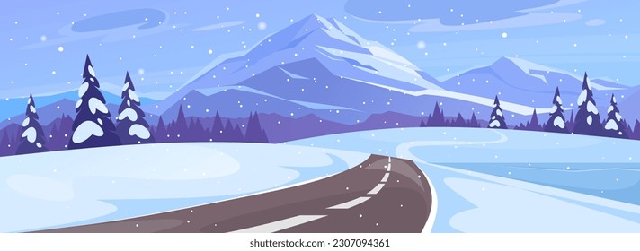 A winter landscape of an empty highway in a snowy wonderland. Background of beautiful snow covered mountains and pine forest. Christmas season scenery in nature. Cartoon vector illustration.