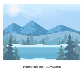 Winter landscape. Empty road with snowy hills and forest scenery. Beautiful nature in snow, december freezing weather. Flat vector illustration