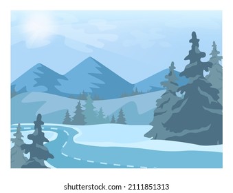 Winter landscape. Empty road with snowy hills and forest scenery. Beautiful nature in snow, december freezing weather. Flat vector illustration