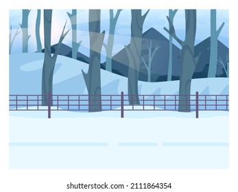 Winter landscape. Empty road with snowy hills and forest scenery. Beautiful nature in snow, december freezing weather. Flat vector illustration