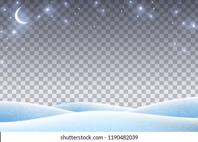 Winter landscape with empty transparent space for 2019 Happy New Year and Merry Christmas Design. Vector illustration. Night sky with stars and crescent, snow drifts.