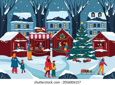 Winter landscape of fair in park square, banner