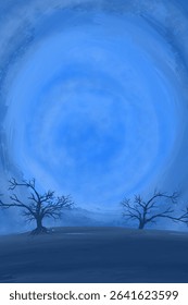winter landscape with fallen trees on dark blue background