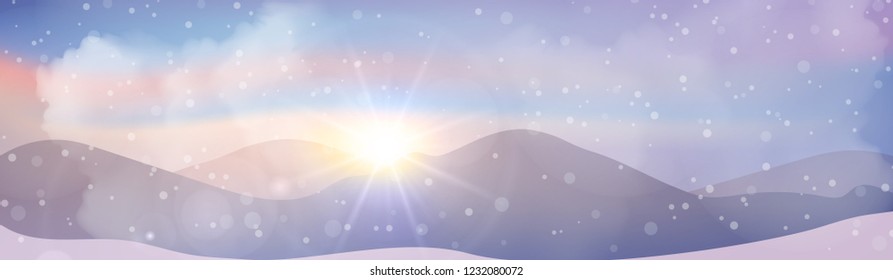 Winter Landscape with Falling Snow. Winter Christmas Background with High Mountains Banner Design.