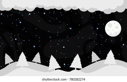 Winter landscape with falling snow and moon - vector illustration.
