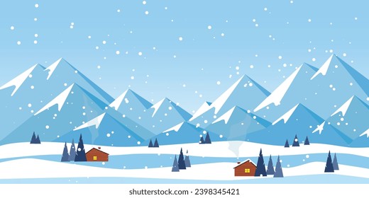 Paisaje invernal en caída de montañas de nieve casas de campo naturaleza diseño de banner. Ilustración vectorial.