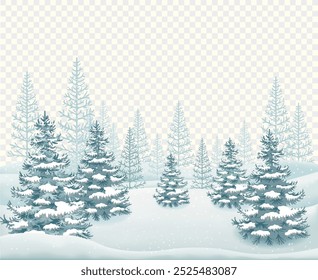 Paisaje de invierno con nieve que cae, colinas nevadas y abetos. Aislado sobre un fondo transparente. Ilustración vectorial.
