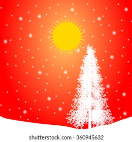 Winter landscape with falling snow at sunset. Vector illustration.