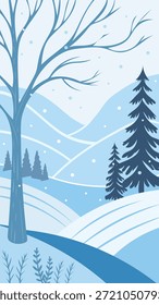 Winter Landscape with Falling Snow, Trees and Hills, Vertical Vector Illustration