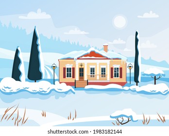 Winter landscape with family house, lots of snow, trees. Countryside  life. Vector illustration in flat style. 