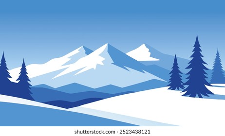 Winter landscape featuring snow-covered trees under a clear blue sky, evoking tranquility and natural beauty flat vector illustration