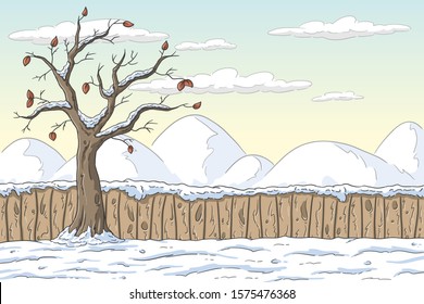 Winter landscape with fence and tree. Hand drawn vector illustration with separate layers.