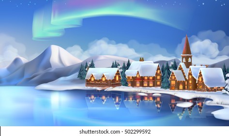 Winter landscape. Festive Christmas decorations. New Year background. 3d vector illustration