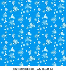 El paisaje invernal. Diseño festivo. Patrón vectorial sin foco con bolas de nieve, copos de nieve sobre un fondo azul, artístico, texturizado. Caer copos de nieve aleatorios para las huellas de invierno. Copos de nieve dispersos