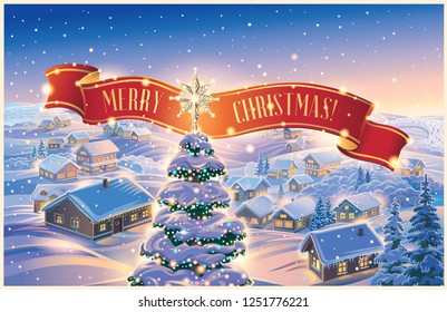 Winter landscape with festively decorated Christmas tree and tape with inscription in the foreground and festive village in the background. It illustration can be used as a Christmas holiday card.