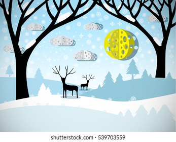 Winter Landscape. Field Covered with Snow, Trees and Deer.