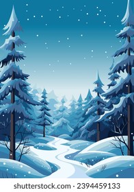 Winter landscape with fir forest and snowfall. Cartoon vector illustration.