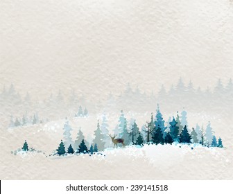 Winter Landscape With Fir Forests And Deer