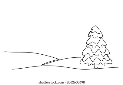 Winter Landscape with Fir Outline Vector Illustration. Snow covered spruce among hills. Template for greeting cards, posters, websites