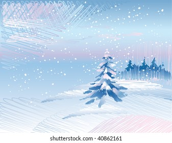 Winter landscape with fir tree forest under falling snow.