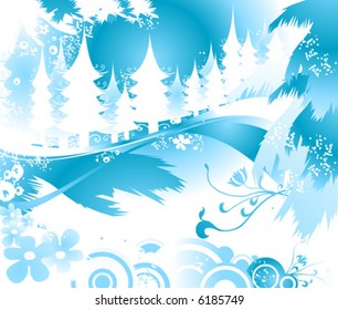 winter landscape with fir tree forest; Christmas illustration