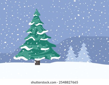 
Winter Landscape with a Fir Tree Full of Snow Vector Illustration
Beautiful scenery in wintertime snowy season 
