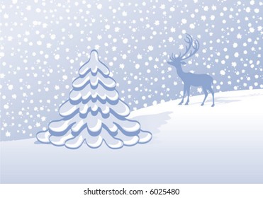 winter landscape with fir tree and stag