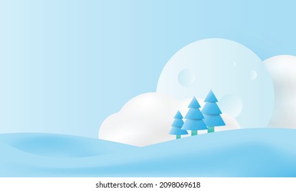 Winter landscape with fir trees, clouds and moon.Vector illustration.