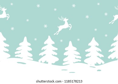 Winter landscape with fir trees and deers. Seamless border. It can be used for Christmas and New Year decoration, as a background for the websites, packing, fabrics. Vector illustration.