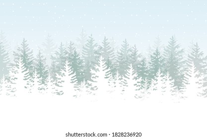 Winter landscape with fir trees and falling snow.