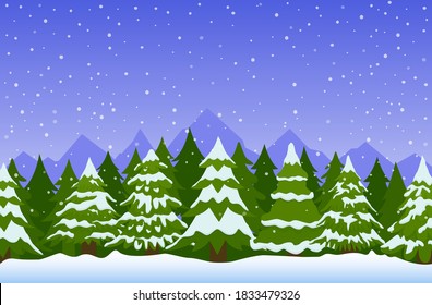 Winter landscape with fir trees in snow. Christmas background with snowy forest. Vector illustration.