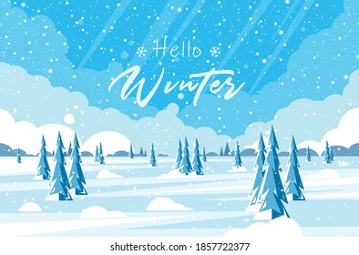 Winter landscape with fir trees and snow. Christmas card background.