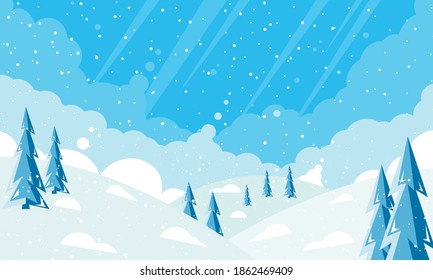 Winter landscape with fir trees and snow. Christmas card background.