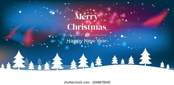Winter landscape with fir trees and snow. Merry Christmas and Happy New Year background