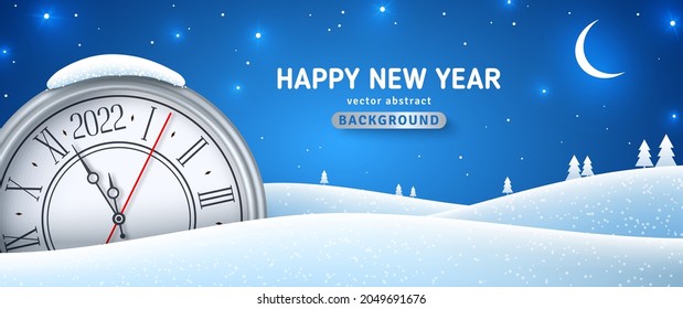 Winter landscape with fir trees in snow and 3d clock in snowdrifts, 2022 coundown, New Year and Christmas poster. Vector illustration design. Night in forest with stars and crescent. Place for text