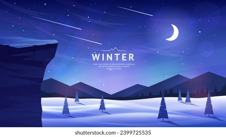 El paisaje invernal. Árboles de aves en nevadas. Cielo nocturno, estrellas y luna. Un acantilado en primer plano. Silhouettes de cordilleras. Diseño para fondo, portada, banner, postal. Imagen vectorial.