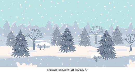 Winter landscape with fir trees and snowfall.Horizontal banner with snowy spruce and bushes.Background with horizon line and sky.Vector design for use in holiday card. Seasonal flat  illustration.