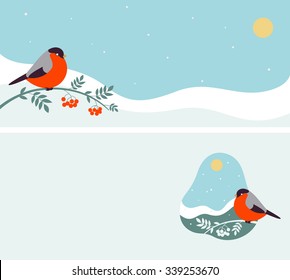 Winter landscape flat background with the Bullfinch. Simple and cute nature icon.