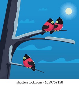Winter landscape flat design illustration. Cute cartoon Bullfinches are sitting on a tree branch.  Birds in winter.