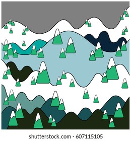 winter landscape. Flat design. Mountains, trees and snow