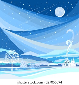 Winter landscape. Flat design. Night, moon and Star fall