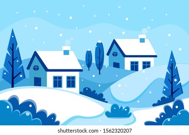 winter landscape flat design vector suitable for wallpaper, background, web landing page and art book illustration