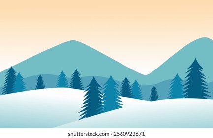 Winter landscape in flat design.Winter snowy landscape card design. Mountains with pine tree forest. Vector